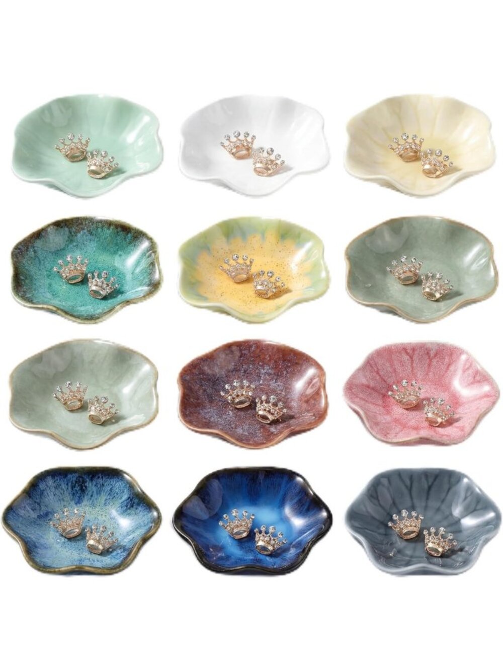 12 Multicolor Ceramic Trinket Dishes - 4.5" Ring Trays for Jewelry & Decor